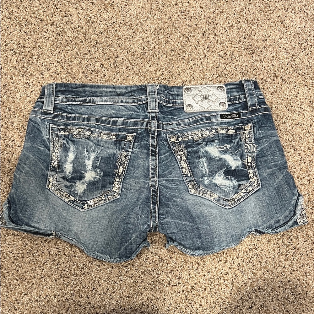 Miss Me Signature Distressed Denim Shorts with Sequin & Bling Trim size 31 - Picture 5 of 7